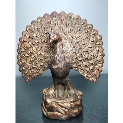 9"Chinese temple collection Old Bronze Lacquer Cinnabar Peacock statue Peacock Open screen Ornaments Town House Exorcism