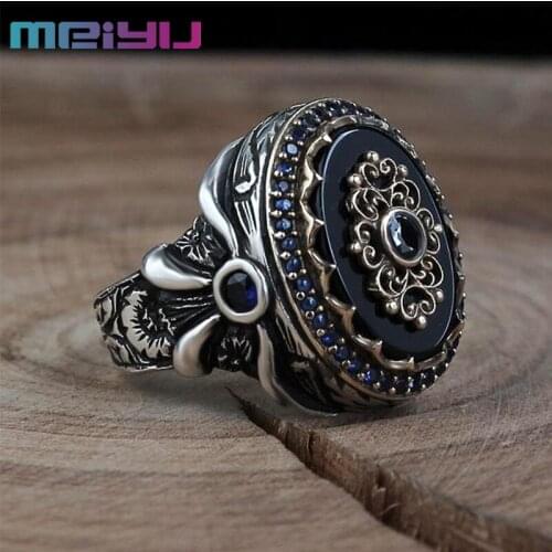 Antique Electroplated Ancient Silver Inlaid Black Agate Mens Ring Turkish Carved Ring for Dancing Fashion Jewelry Accessories