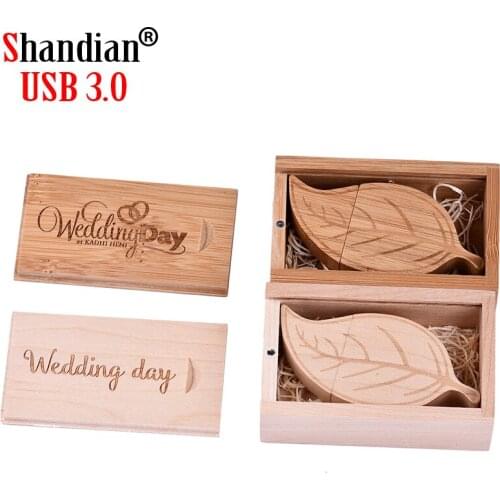 Leaves USB flash drive 128GB USB 3.0 Wooden box memory stick wedding gift pen drive 64GB Pendrive Free custom logo wood bamboo