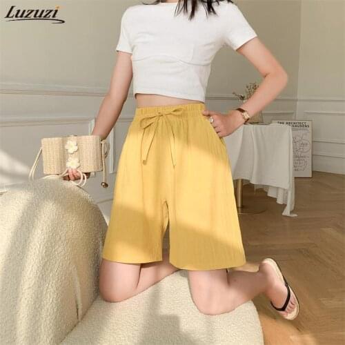 Luzuzi 2021 New Summer Shorts Womens Casual Solid Cotton Linen Shorts Female High Waist Loose Soft Pants Plus Size For Girls