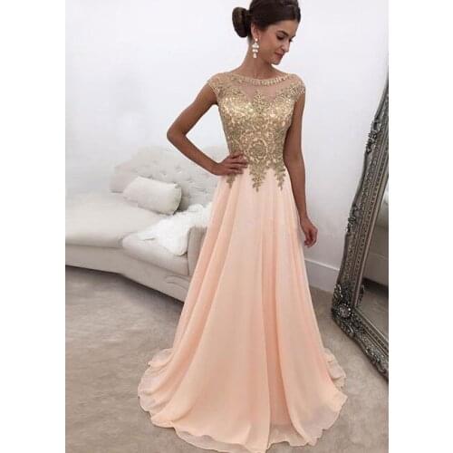 Peach Muslim Evening Dresses A-line Cap Sleeves Chiffon Lace Beaded Islamic Dubai Saudi Arabic Long Evening Gown Prom