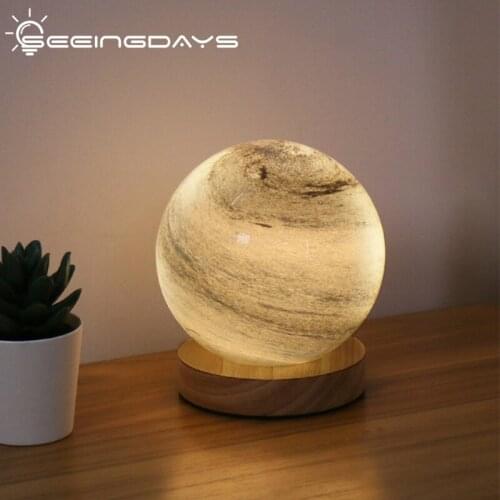 SeeingDays Planet Glass and Wood Table Lamp Small Night Lamp Glass Lamp for Bedroom Bedside Lamp Night Table Lamp for Bedroom