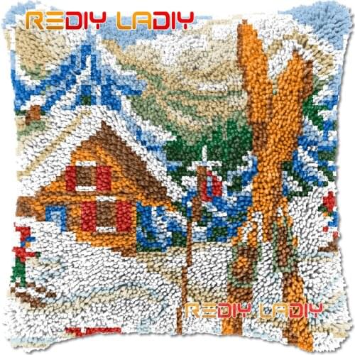 Latch Hook Cushion Skiing Season DIY Needlepoint Kits Chunky Acrylic Yarn Arts Crocheting Lofty Pillow Case Hobby & Crafts