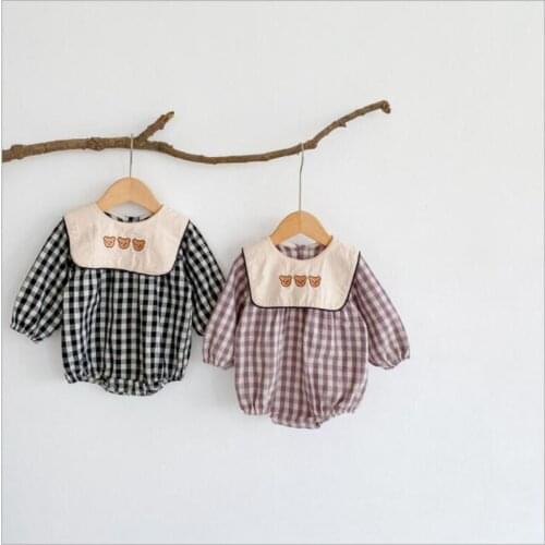 Autumn Baby Climbing Clothes Bodysuit 2021 Spring Baby Girl Bodysuits New Plaid Long-sleeved Leotard Navy Wind Twins Clothing