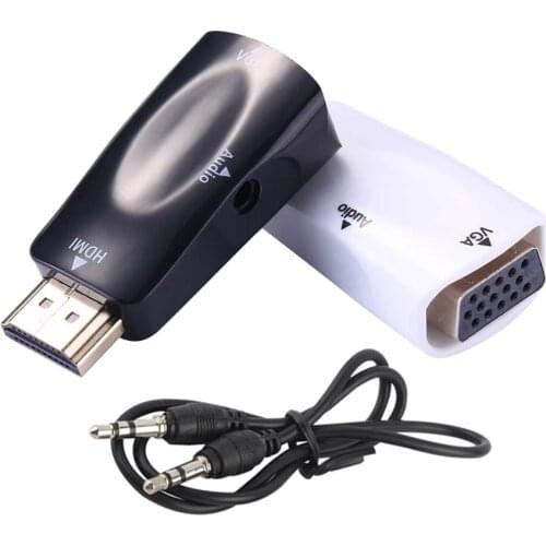 HDMI Male to VGA Female Adapter Converter Box with Audio Cable for PC HDTV + 3.5mm AV Audio Cable for PC Black/White
