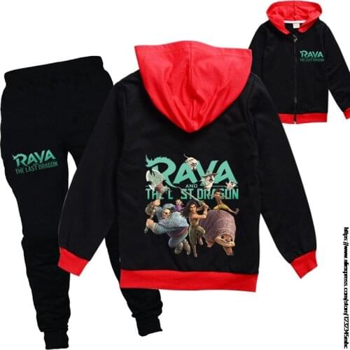 Raya and The Last Dragon Clothes Kids Zipper Hooded Coat Baby Girls Cartoon Jacket and Pants 2pcs Set Boys Long Sleeve Suits