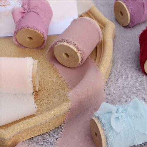 6cmx1.45m Handmade Frayed Edged Chiffon Silk Ribbon with Wood Spool Wedding Invitation Bouquets Sheer Fringe Ribbon