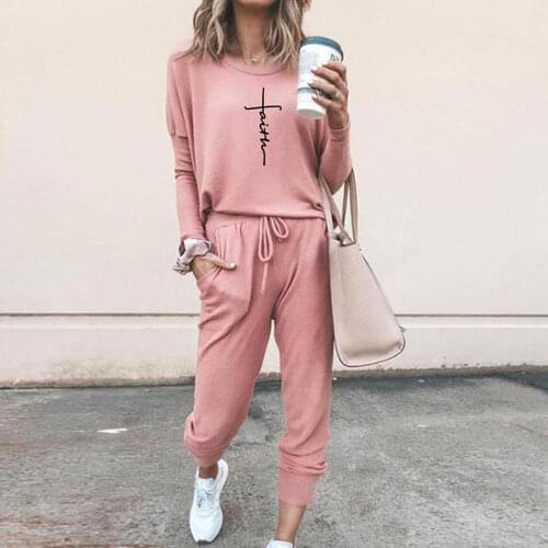 Two Piece Sets Women Solid Autumn Tracksuits High Waist Stretchy Sportswear Print Tops And Leggings Matching Outfits