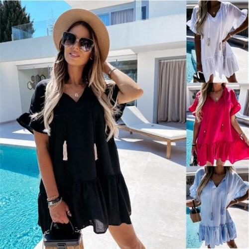 2021 Womens Solid V-neck Short Sleeve Draped Dress Summer Sexy Loose Vacation Beach Dress Short Sleeve Stitching Dress