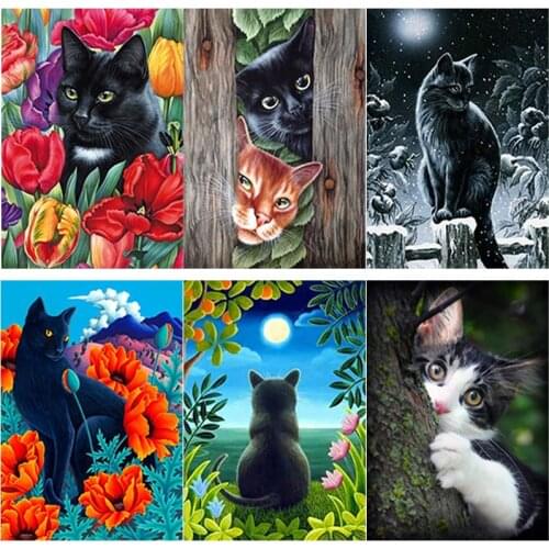 5D DIY Diamond Painting Black Cat Flower Diamond Embroidery Animal Cross Stitch Full Square Round Drill Home Decor Manual Gift