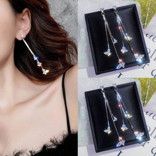 Shiny Three Butterfly Crystal Drop Earring Bijoux Long Tassel Dangle Earrings For Women Statement Earrings Jewelry Gifts