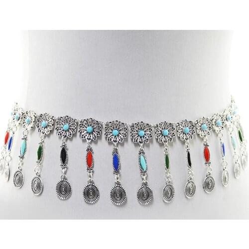 Bohemian Silver Plated Colorful Bead Body Chain Bell Carved Hollow Out Flower Waist Belly Chain for Women Afghan Indian Jewelry
