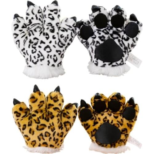 Adult Kids Simulation Leopard Paw Plush Gloves Fluffy Animal Stuffed Toys Padded Hand Warmer Cosplay Costume Mittens