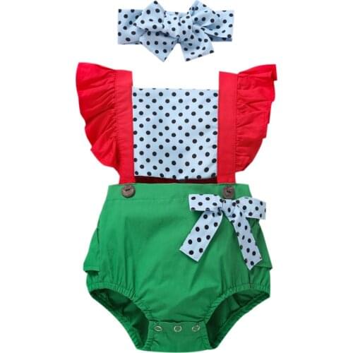 Infant Newborn Baby Girls Bodysuits Ruffled Dots Patchwork Jumpsuits Bowknot Clothes Headband