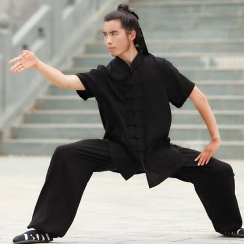 Wudang Taiji Suit Kung Fu Cotton Linen Morning Exercise Martial Arts Uniform Practice Clothes Short Sleeve Shirt Pants Sets Men