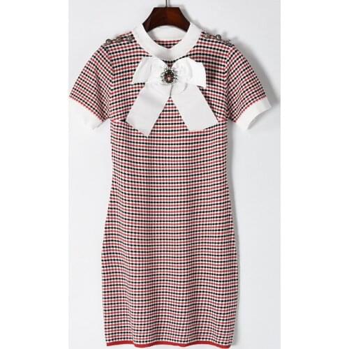 PERHAPS U White Black Red Plaid O Neck Short Sleeve Bow Button Shoulder Elegant Office Lady Mini Short Dress Knitted D0184
