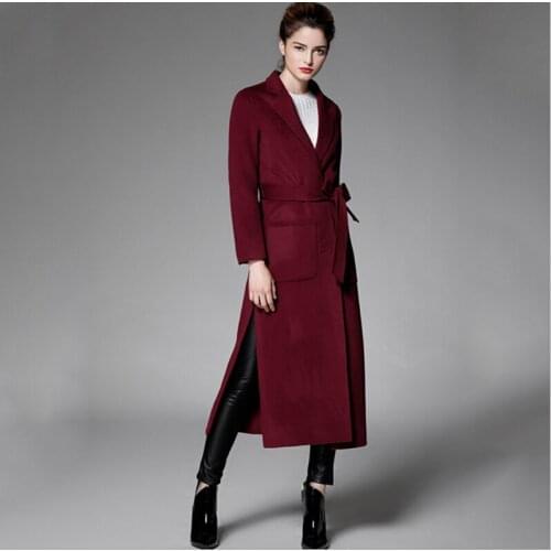 Fashion double-sided cashmere coat womens high-end handmade coats long slim woolen trench jacket red overcoats outwears clothes