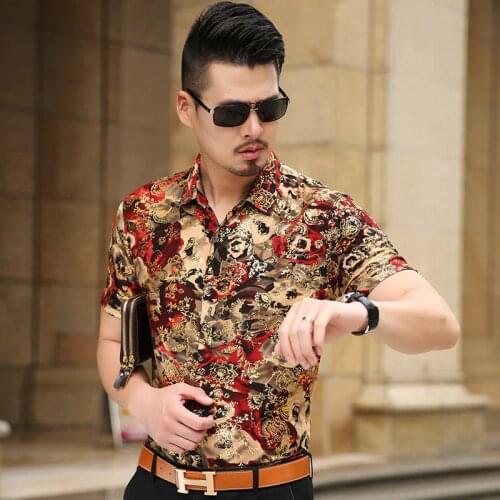 Floral Print Shirt Men 2017 Brand New Gold Bronzing Short Sleeve Chemise Homme Fancy Flower Mens Dress Shirts Camisa Masculina