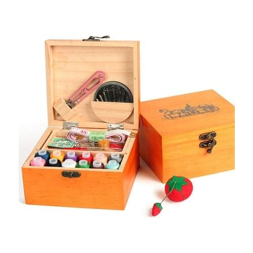 Wood Sewing Kit Needle Tape Scissor Multifunction Threads Sewing Tools Accessory Sewing Box For Home & Travelling