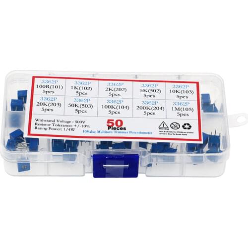 50Pcs 10value x 5pcs 100R-1M 3362 Potentiometer Package 3362P Adjustable Resistor kit
