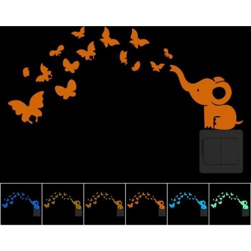 Elephant and Butterflies DIY Wall Stickers Glow in the Dark Cartoon Decorative Vinyl Mural Decal Bedroom Luminous Switch Sticker