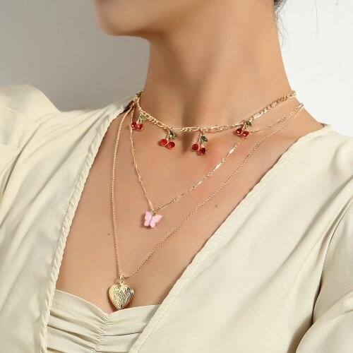Creative New Cherry Butterfly Love Heart Necklace Pendant Women Fashion Exquisite Multilayer Clavicle Chain Necklaces Jewelry