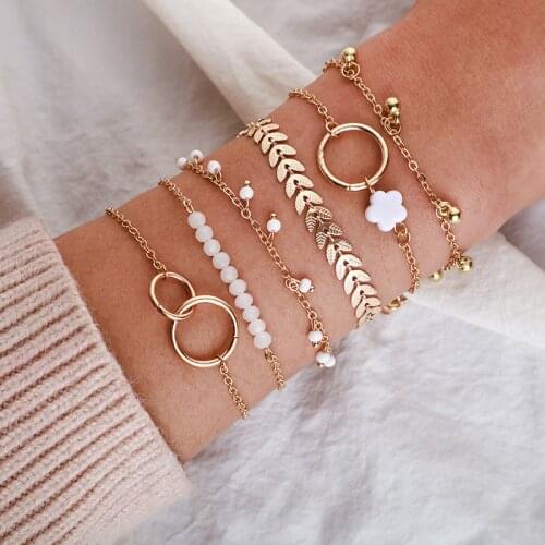 New 2021 Simple Circle Bracelet 6 Piece Set Combination European and American Personality Small Flower Arrow Leaf Bracelet