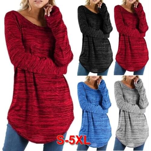 Europe and The United States Autumn New Womens Tops Solid Color Round Neck Fashion Casual Long Sleeve Irregular Long T-shirt