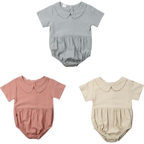 Wholesale Summer Infant Baby Girls Rompers Solid Color Peter pan Collar Short Sleeve Clothing One-piece Jumpsuits