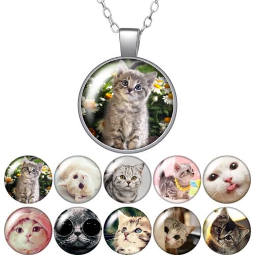 Love cat Love pet cats animals Round Pendant Necklace 25mm Glass Cabochon Silver plated Jewelry Women Party Birthday Gift 50cm