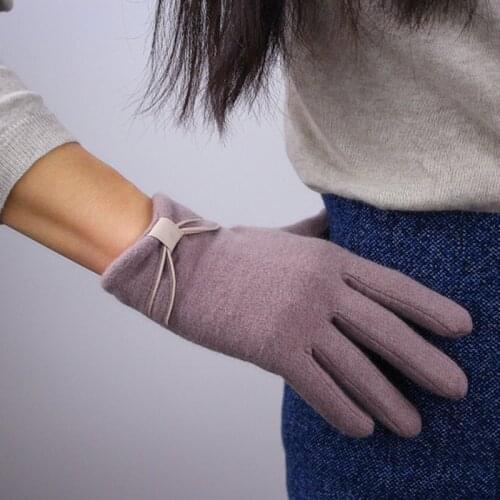 Pure Wool Gloves Female Fashion Bowknot Five Fingers Autumn Winter Single Layer Knitted Women Mittens TB33