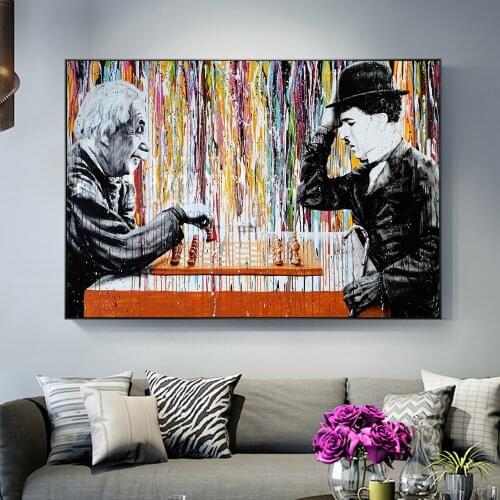 World Celebrity Chaplin Play International Chess Street Graffiti Posters Wall Art HD Print Canvas Painting for Living Room Decor