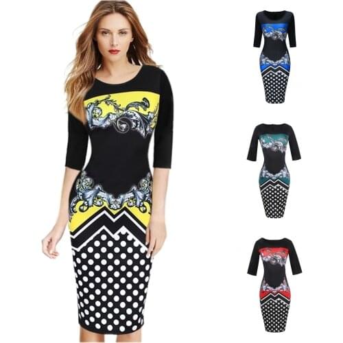 Autumn and Winter Ladies Round Neck Section Five-point Sleeve Sexy Slim Polka Dot Stitching Print Bag Hip Dress