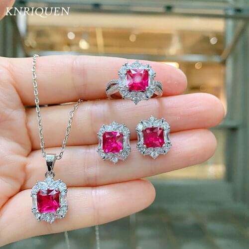 Retro 925 Sterling Silver 7*7MM Ruby Gemstone Jewelry Sets Lab Diamond Wedding Party Pendant Necklace Ring Earrings for Women
