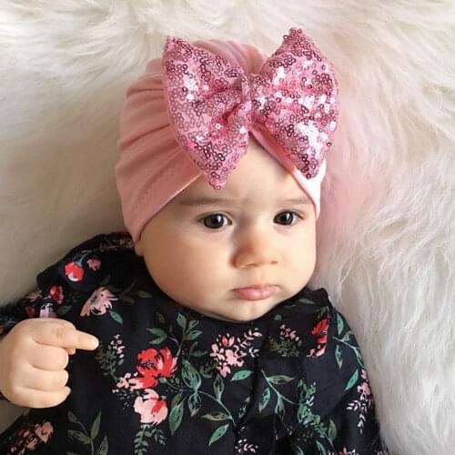 Sequins Bow Baby Girl Hat Spring Newborn Turban Indian Caps Babes Photography Props Elastic Beanies Cap