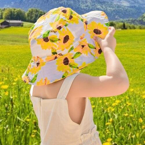 Lovely Kids Girls Large Wide Brim Sun Hat Printed Flower Baby Bucket Hat Cotton Fisherman Hats Summer Outdoor Sun Protection Cap