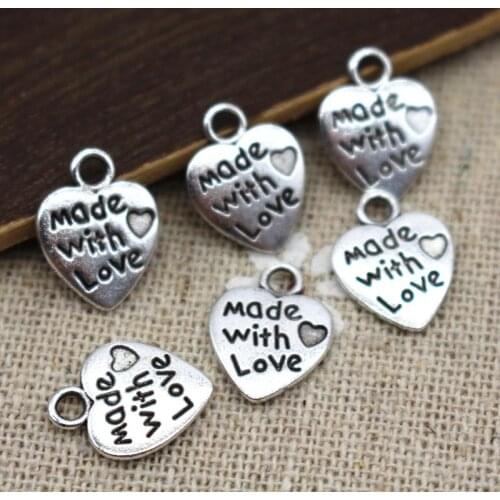 9*12MM 50pcs/lot Bronze/Silver Heart Shape Vintage Charms MADE WITH LOVE CZ Pendants Necklace&Bracelet Diy Pendants Beads