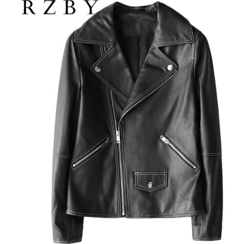 Sheepskin Real 100% Coat Female Genuine Leather Jacket Zipper Slim Black Moto & Biker Jacket Outerwear jaqueta de couro RZBY168