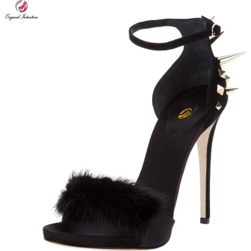 Original Intention New Fashion Women Sandals Stylish Feathers Open Toe Thin Heels Buckle Strap Shoes Woman Plus Size 4-15