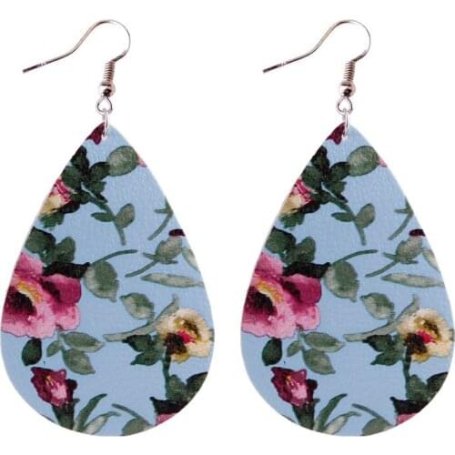 ZWPON Fashion Printed Flowers Leather Teardrop Earrings Bohemia Flower Pattern PU Leather Drop Earrings for Woman Female Jewelry