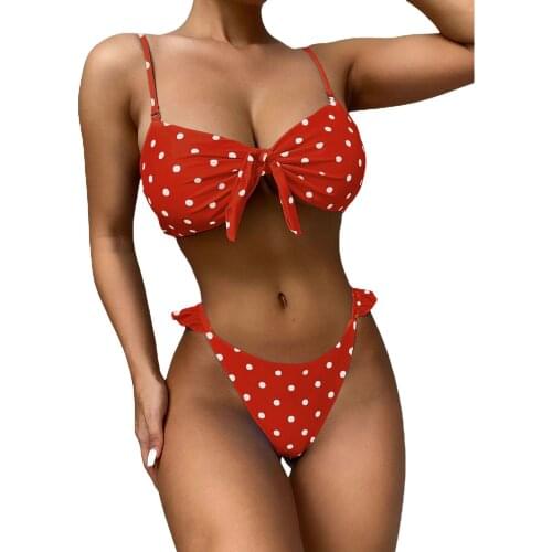 2021 2Pcs Women Summer Bikini Sets Polka Dot Bowknot Padded Tops + Ruffled Briefs Swimsuit for Girls