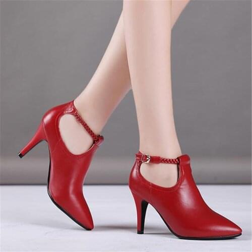 Stylish luxury and simple 2018 autumn new fine with leather girl single shoes pointed deep mouth wild high heel ladies shoes