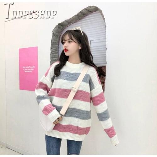 2019 Autumn Winter Candy Color Stripe Women Sweater Round Neck Pullover Jumper Female Sweaters