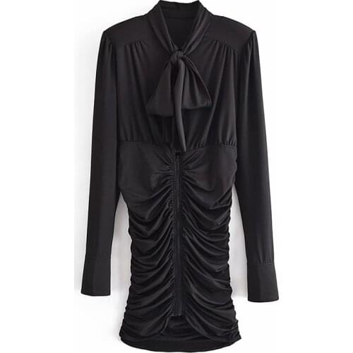 YENKYE Vintage Black Sexy Draped Dress Women Bow Tie Collar Long Sleeve Fashion Autumn Dress Short Vestido