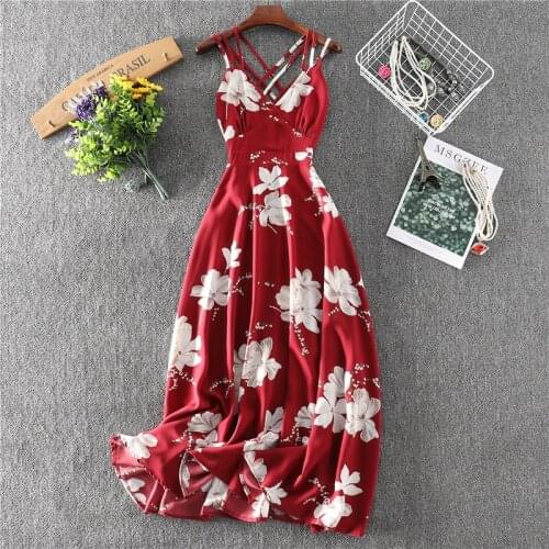 Summer Women Bohemian Flowers Chiffon Long Beach Dresses Ladies Sexy V-neck Sleeveless Backless Spaghetti Strap Dress Maxi