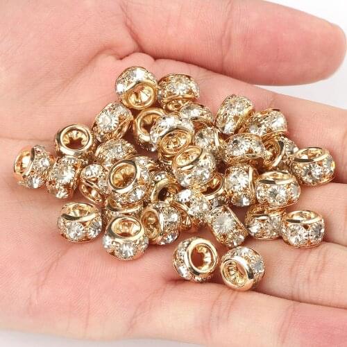 10pcs/lot 8 10mm Light Gold Color Rhinestone Crystal Flat Round Loose Beads for Jewelry Making DIY Bracelet Necklace Accessories