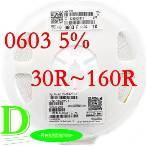 100PCS SMD Resistor 0603 5% RC0603JR-07 Series 30R 33R 36R 39R 43R 47R 51R 56R 62R 68R 75R 82R 91R 100R 110R 120R 130R 150R 160R