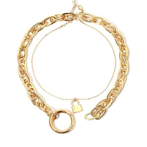 2pcs/set Goth Punk Gold Color Heavy Chain Choker Necklaces for Women Vintage Lock Pendant Necklace Collares Party Jewelry E005