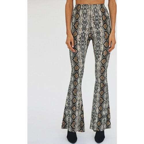 2018 Women Autumn Fashion Snake Skin Print Wide Leg Pants Sexy Party Club Flare Pants Casual Elastic Waist Trousers Pantalones