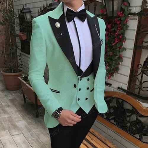 ANNIEBRITNEY Mint Jacquard Suit for Men Tailored Formal Mens Wedding Suits Slim fit Jacekts Groom Tuxedo Blazer Vest Pants Set